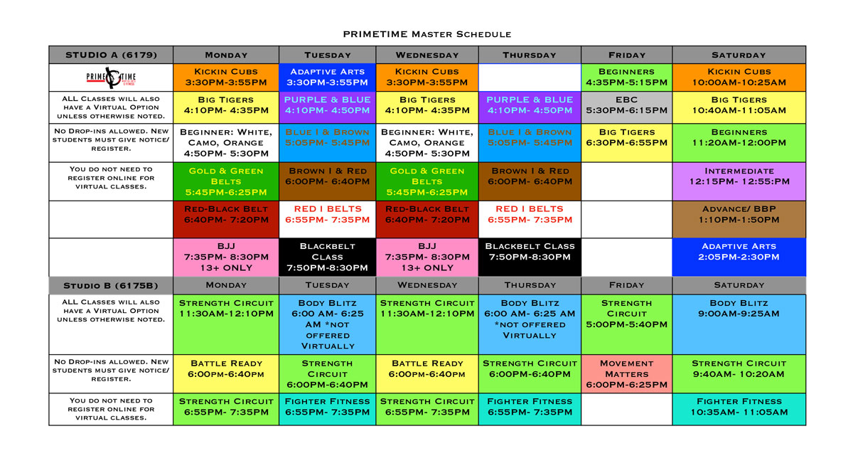 Class Schedule Prime Time Martial Arts
